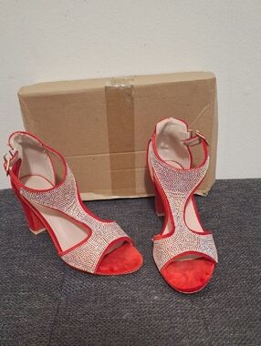 CAMSSOO Red Crystal-Embellished Block Heel Sandals - Women's Dress Heels